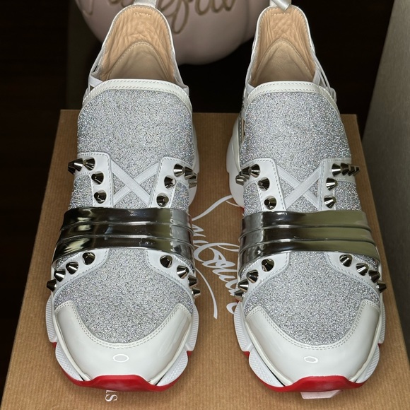Christian Louboutin 1 2 3 Run Flat White Fabric and Patent Leather 
